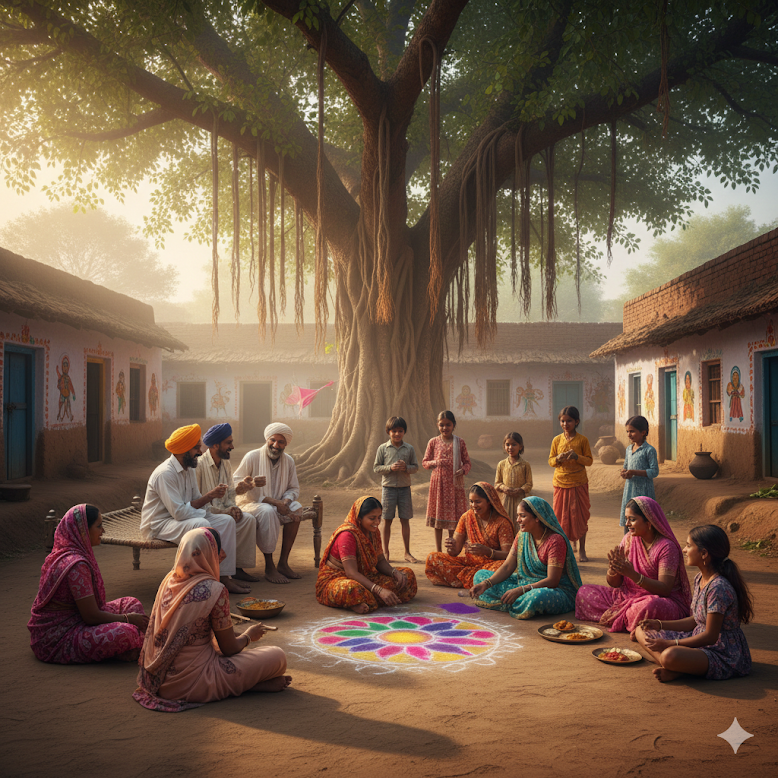Community gathering beneath a banyan tree
